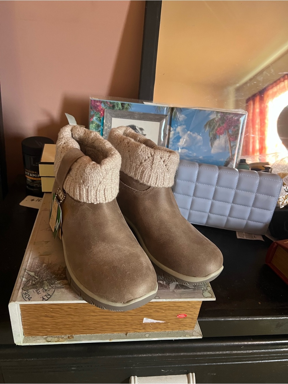 Skechers Brown Suede Ankle Boots with Cream Knit Cuff